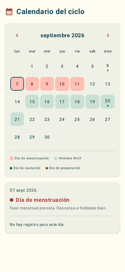 Vista de ejemplo del calendario menstrual de Velvet Moon en español